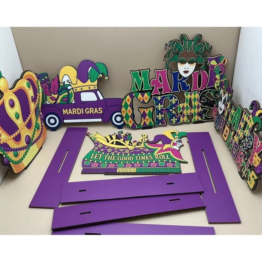 Mardi Gras 5 Festive Wooden‎ Table Top Signs w/Bases - NEW Open Bag